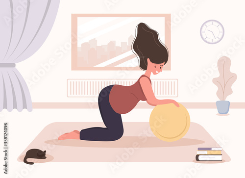 Yoga during pregnancy. Woman doing fitness exercises with fitball. Health care and sport concept. Beauty female character at home interior. Vector illustration in flat style.
