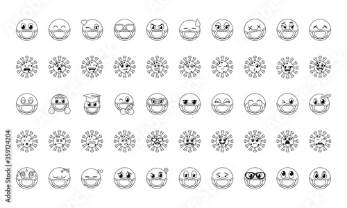 emojis with masks line style icon set vector design