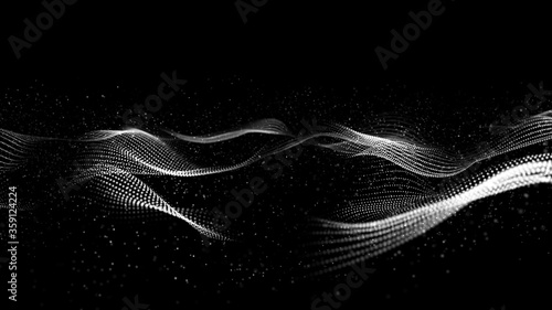 Black and white Color Digital Particles Wave Flow With Bokeh and Dust, Digital Abstract Background