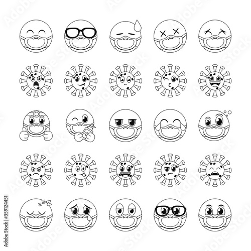 emojis with masks line style icon set vector design