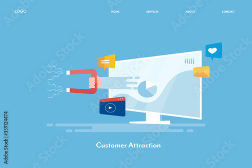Customer attraction, customer retention, hand with magnet, Inbound marketing concept. Web banner template with blue background.