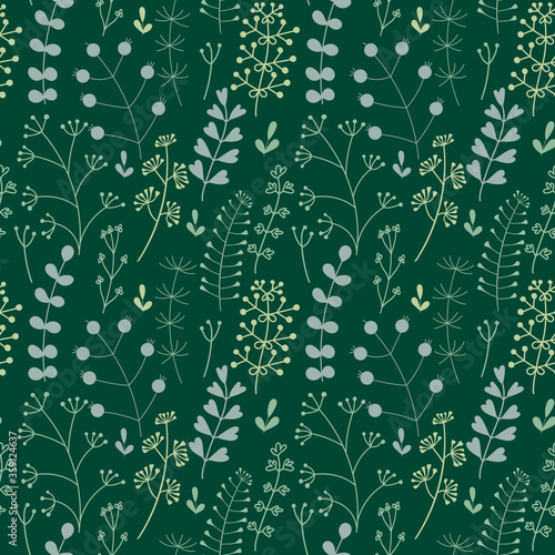 Seamless pattern with branches of plants . Beautiful print with hand-drawn abstract herbs and leaves . Background Botanical design in shades of green.