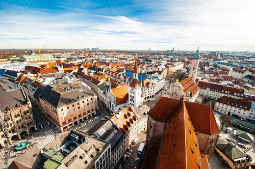 Aerial View of Munich old town Germany around Marienplatz from St. Peter's Church