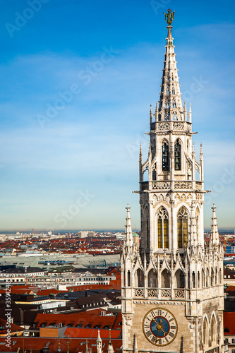 Aerial View of Munich old town Germany around Marienplatz from St. Peter's Church with clock tower of Neues Rathaus (New Town Hall) in focus