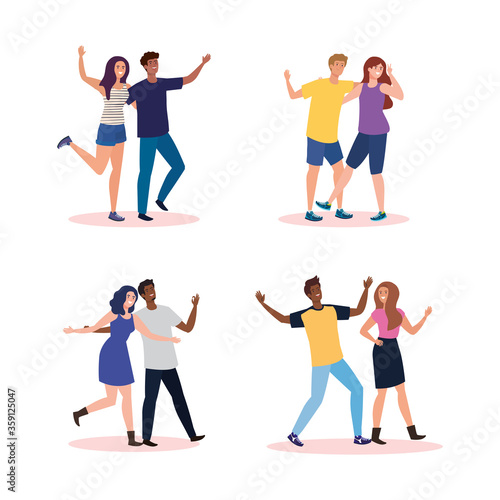 happy characters, set scenes of young people happy, friendship excitement, cheerful laughing from happiness vector illustration design