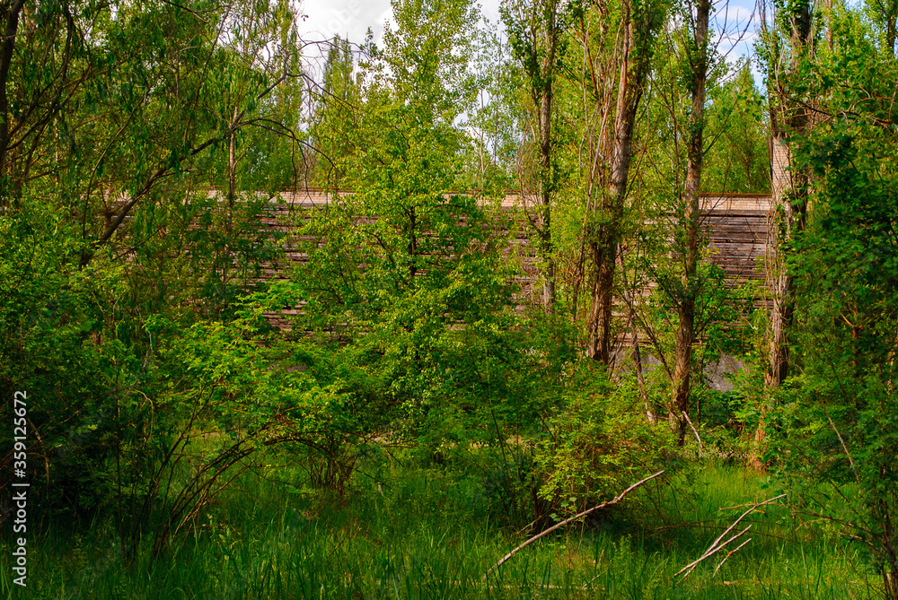 Former sport stadium in Pripyat, a ghost town in northern Ukraine, evacuated the day after the Chernobyl disaster on April 26, 1986 Former sport stadium in Pripyat, a ghost town in northern Ukraine, evacuated the day after the Chernobyl disaster on April 26, 1986