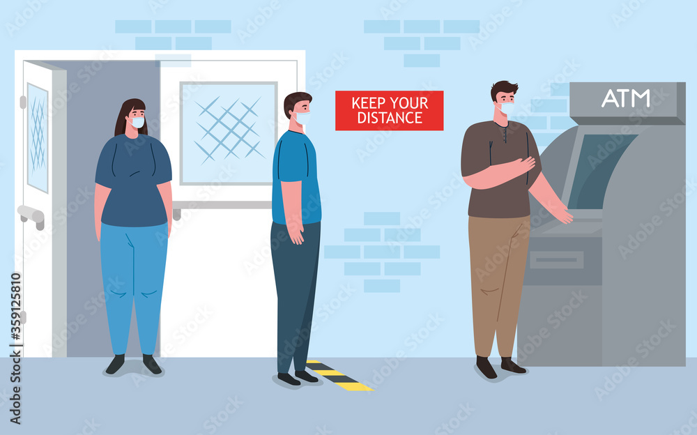 Obraz premium social distancing and coronavirus covid 19 prevention, maintain a safe distance from others when using atm vector illustration design