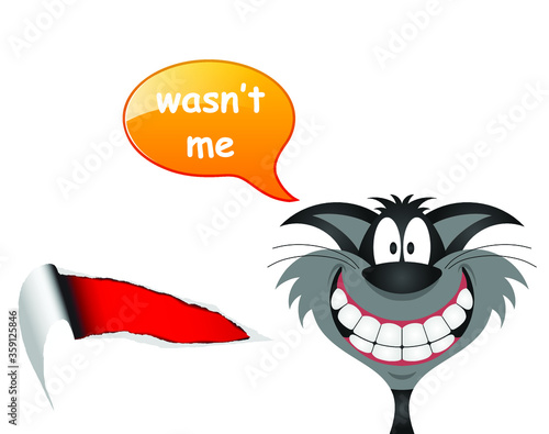 Comical cat proclaiming his innocence with regards to ripped wallpaper isolated on white background