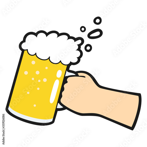 大きいジョッキグラスに入った生ビールで乾杯してるイラスト。