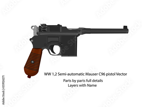 WW1 and  WW2  semi-automatic mauser pistol vector | WW2 pistols. Parts by parts with layers name. Best for animation such as firing, reloading etc.