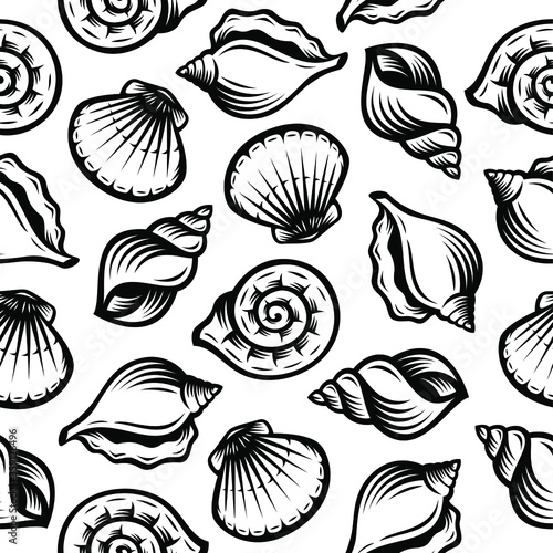 Seamless pattern of seashells. Summer vector design. Seamless pattern can be used for pattern fills, wallpaper, web page background, surface textures.