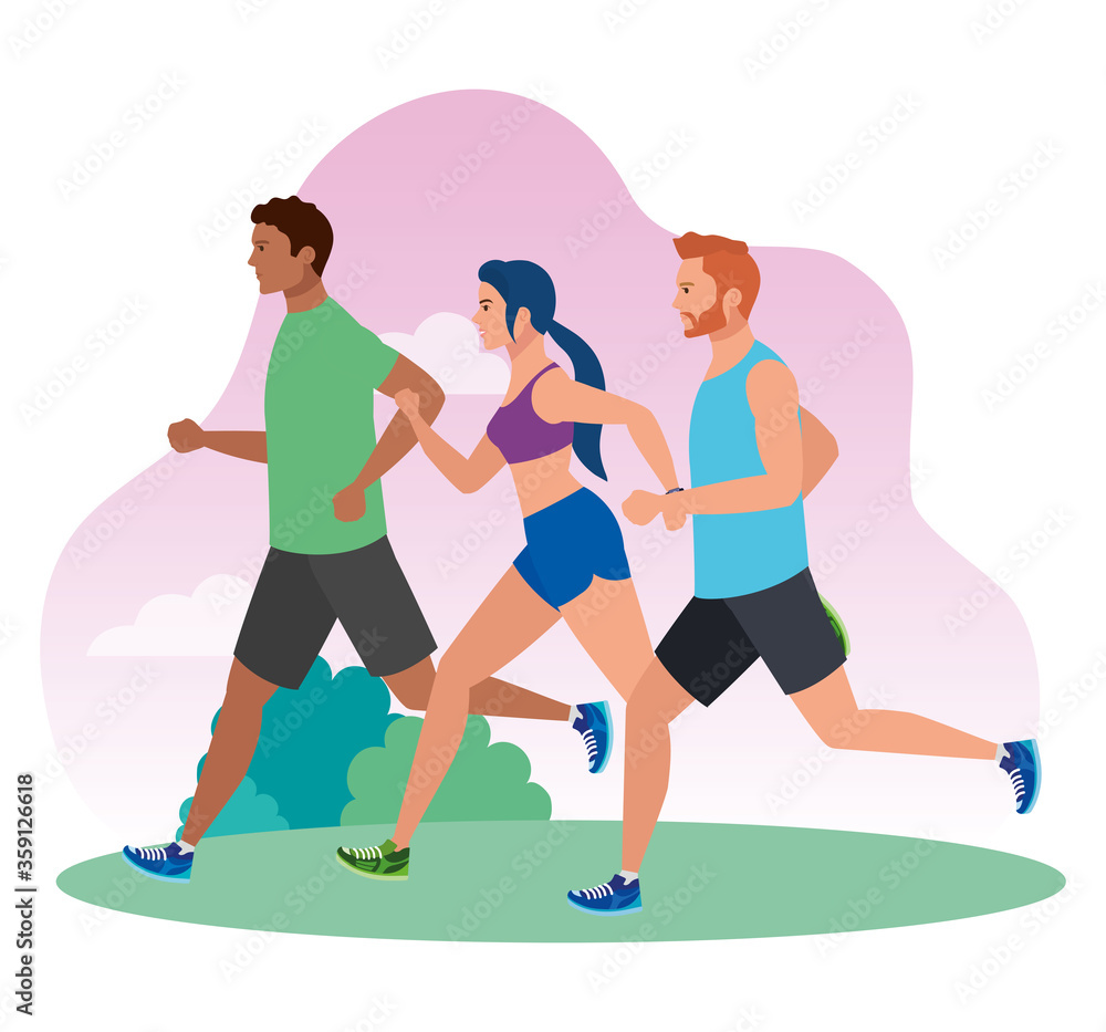 men and woman running in landscape, people in sportswear jogging, persons athlete, sporty persons vector illustration design men and woman running in landscape, people in sportswear jogging, persons athlete, sporty persons vector illustration design