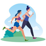 women running in landscape, women in sportswear jogging, female athlete, sporty persons vector illustration design