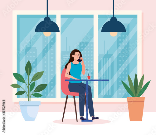 social distance in new concept restaurant, woman eating on table, protection, prevention of coronavirus covid 19 vector illustration design