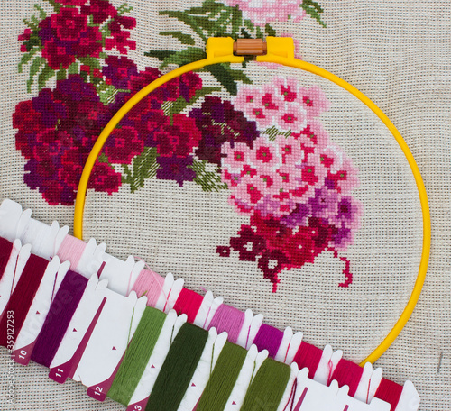 Cross-stitch embroidery, canvas, hoop and thread