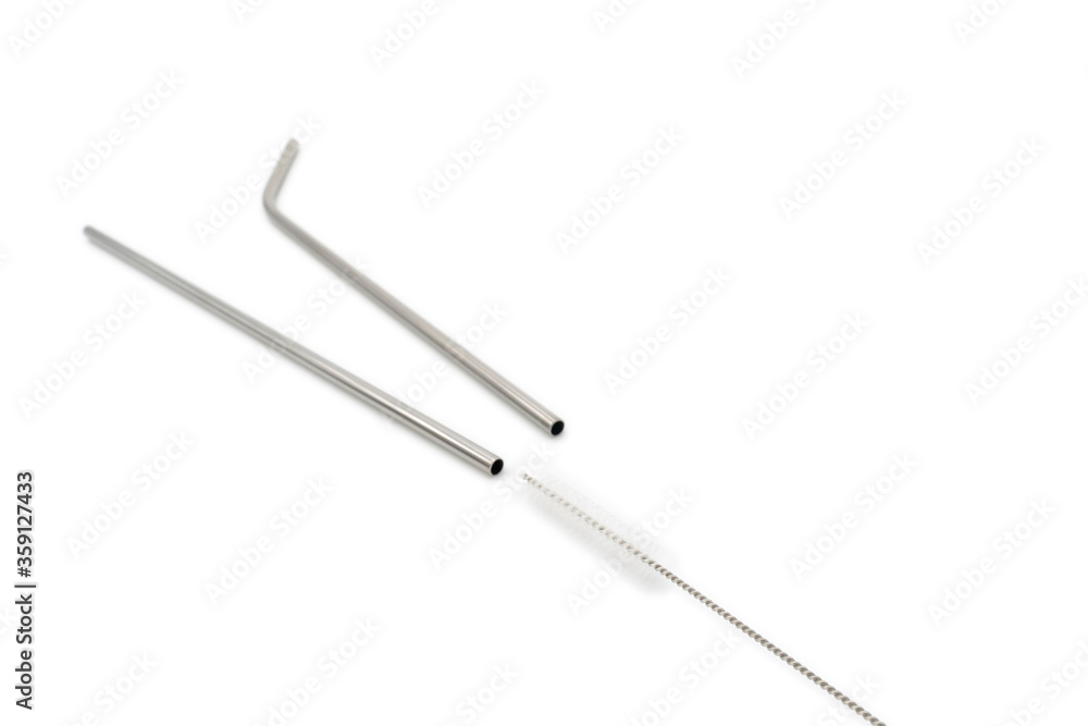 Straight and Curve Stainless straw with cleaning brush on the white background.