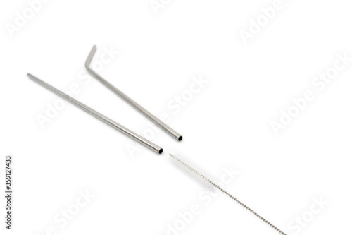 Straight and Curve Stainless straw with cleaning brush on the white background.