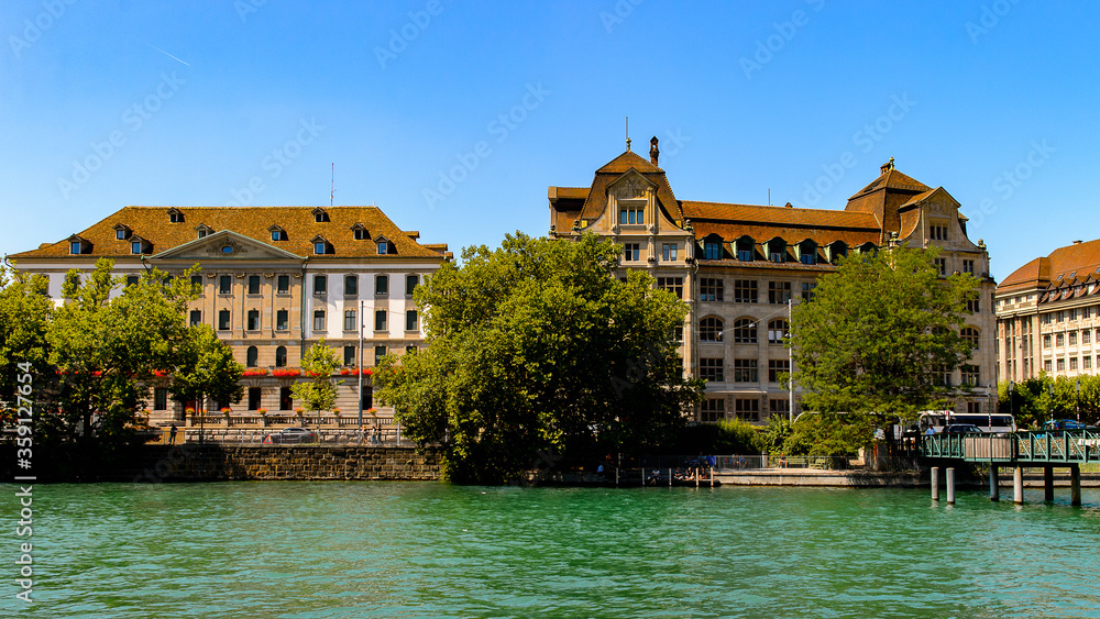 Architecture on the river Limmat of Zurich, the largest city in Switzerland