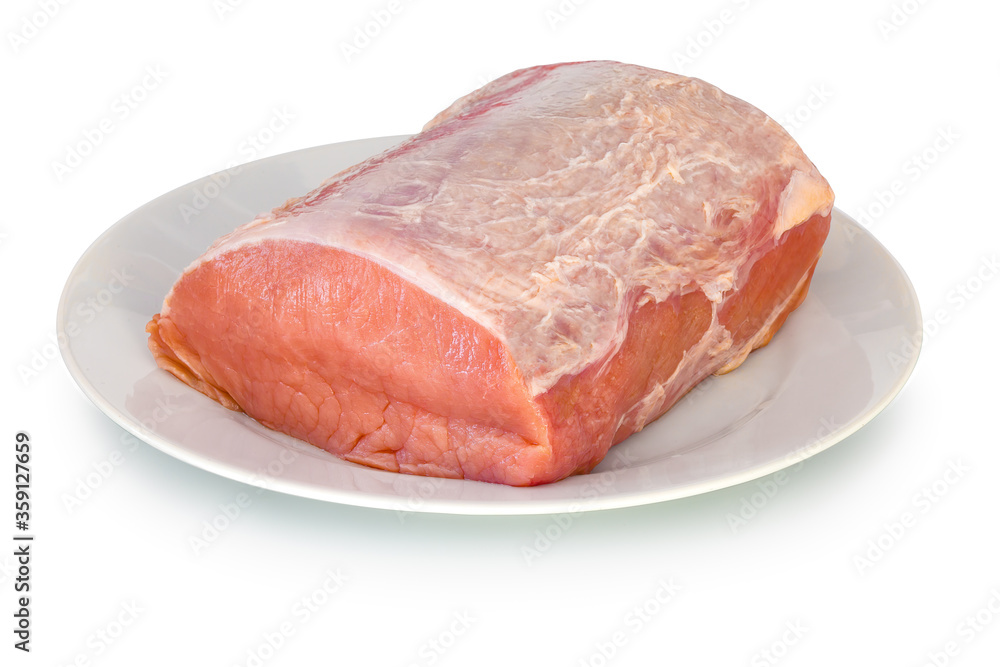 1 kg raw pork loin meat on white ceramic plate. Raw pork steak meat. Isolated on white background with natural shadow. With clipping path. Raw pig meat on platter. Pokr sirloin on plate.
