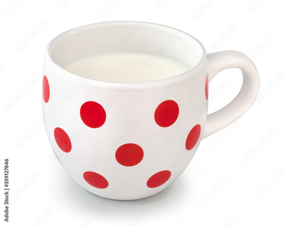 Typical cup of milk. White porcelain cup with red dots filled with milk. Dotted cupful with milky. Isolated on white background with shadow reflection. Typical cup of milk. White porcelain cup with red dots filled with milk. Dotted cupful with milky. Isolated on white background with shadow reflection.