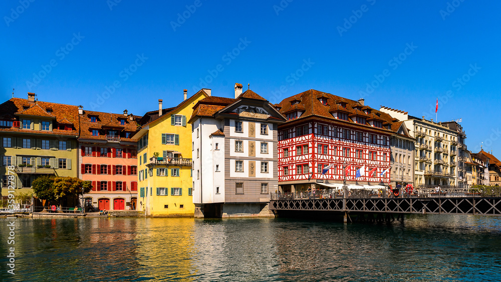 Architecture on the river Reuss in Lucerne, a city in the German-speaking part of Switzerland