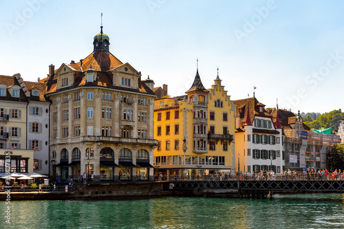 Architecture on the river Reuss in Lucerne, a city in the German-speaking part of Switzerland