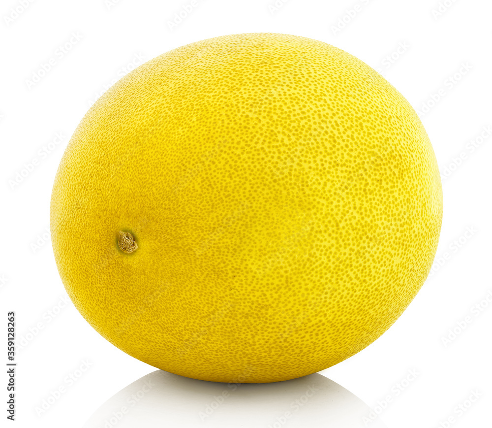 Ripe pomelo, whole fruit with clipping (vector) path. Isolated on white reflective bg. with shadow reflection. Intact yellow pomelo fruit from supermarket. Entire round pomelo from hypermarket. Ripe pomelo, whole fruit with clipping (vector) path. Isolated on white reflective bg. with shadow reflection. Intact yellow pomelo fruit from supermarket. Entire round pomelo from hypermarket.