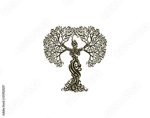 Abstract Human tree logo. Unique Tree Vector illustration with circle and abstract woman shape.  
