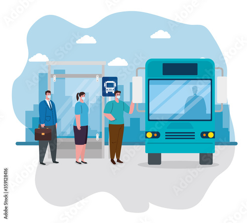 social distancing with people in bus station, passenger waiting bus stop, city community transport with diverse commuters together, prevention coronavirus covid 19 vector illustration design