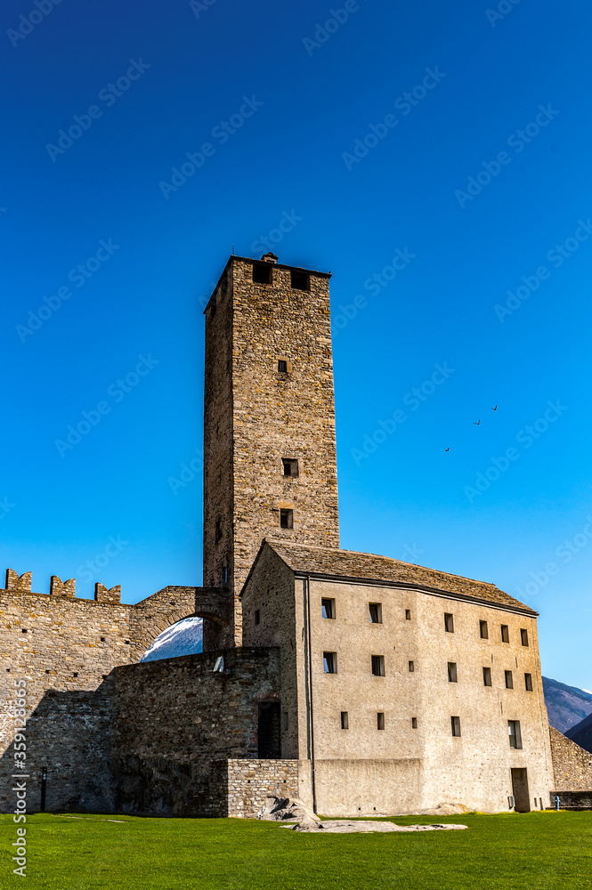 It's The Torre Bianca (White tower) of the Castelgrande in Bellinzona, Switzerland. UNESCO WOrld Heritage sign It's The Torre Bianca (White tower) of the Castelgrande in Bellinzona, Switzerland. UNESCO WOrld Heritage sign