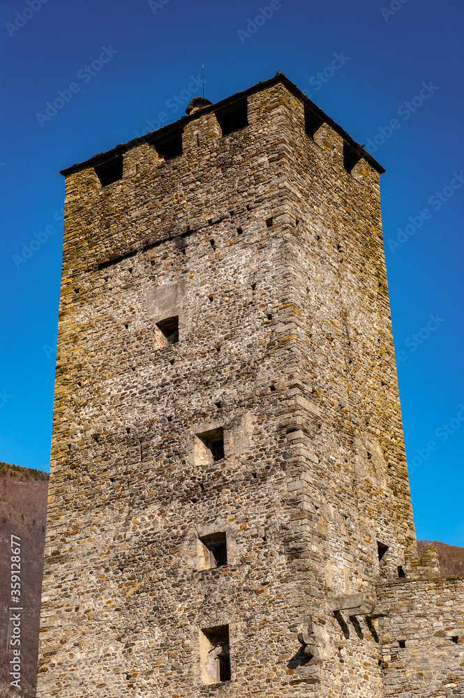 It's The Torre Bianca (White tower) of the Castelgrande in Bellinzona, Switzerland. UNESCO WOrld Heritage sign It's The Torre Bianca (White tower) of the Castelgrande in Bellinzona, Switzerland. UNESCO WOrld Heritage sign