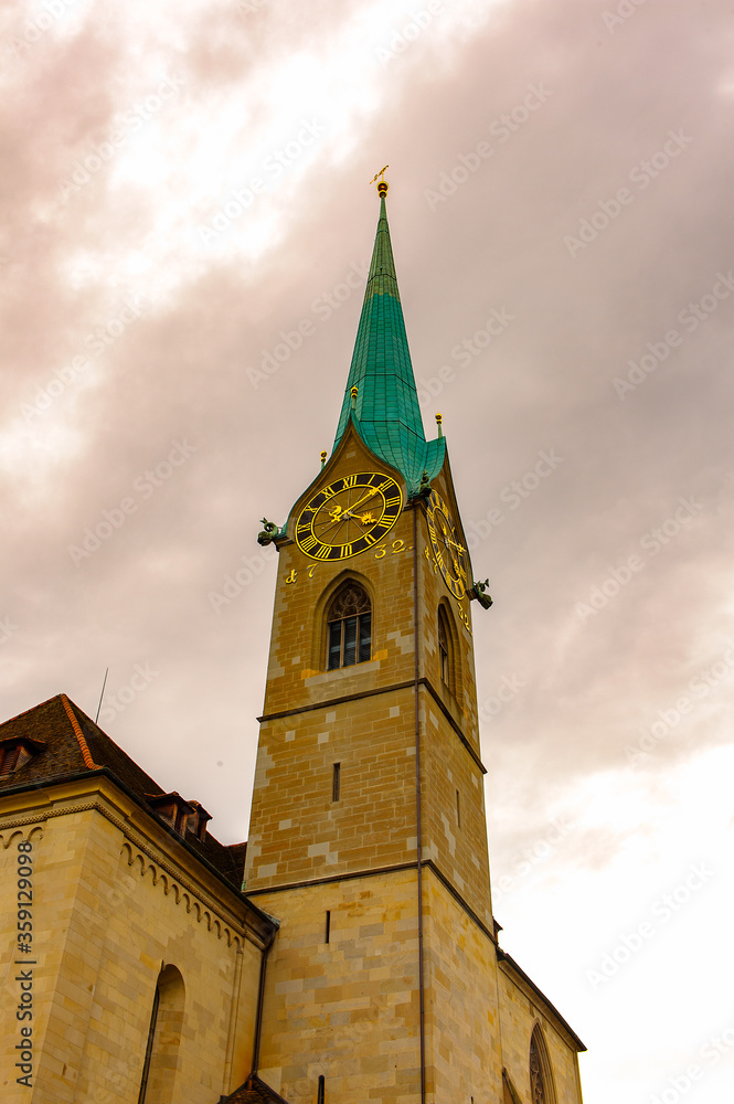 Clock tower of Fraumunster Church (Lady Minster Church), Zurich, Switzerland