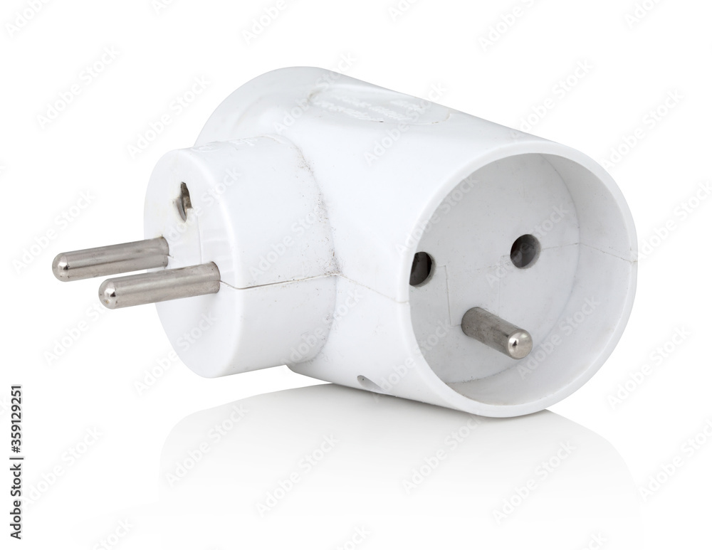 European power strip. Euro 2-way multi-plug, isolated on white background with shadow reflection. With clipping path. With vector path. Continental adaptor on white bg. European power strip. Euro 2-way multi-plug, isolated on white background with shadow reflection. With clipping path. With vector path. Continental adaptor on white bg.