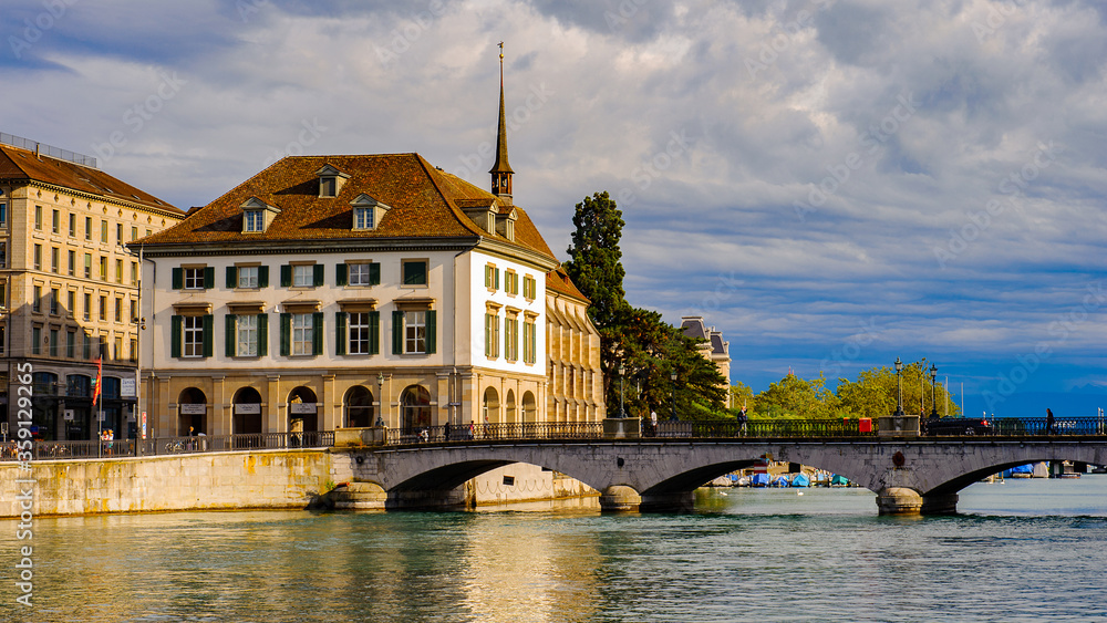 Fototapeta premium Architecture of Zurich, Switzerland, over the river Lammat