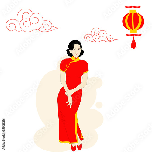 Photography One Beautiful Chinese girl is wearing the Red Chinese custom Is standing in fron