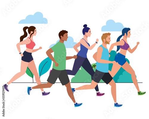 people running in landscape, group persons in sportswear jogging, people athlete, sporty persons vector illustration design