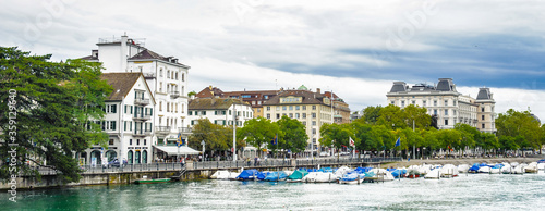 Bank of the river Limmat river in Zurich, Switzerland