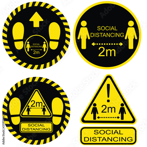 Stickers and signs warning of the observance of social distance.