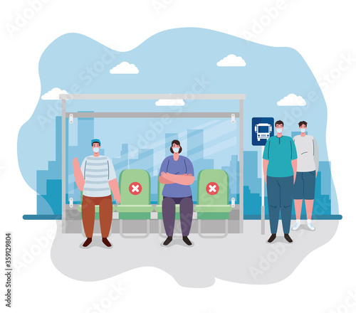 social distancing with people in bus station, passenger waiting bus stop, city community transport with diverse commuters together, prevention coronavirus covid 19 vector illustration design