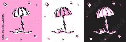 Set Sun protective umbrella for beach icon isolated on pink and white, black background. Large parasol for outdoor space. Beach umbrella.  Vector Illustration