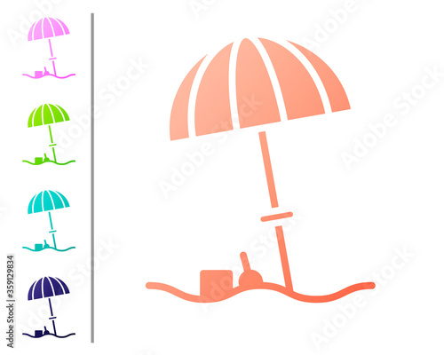 Coral Sun protective umbrella for beach icon isolated on white background. Large parasol for outdoor space. Beach umbrella. Set color icons. Vector Illustration