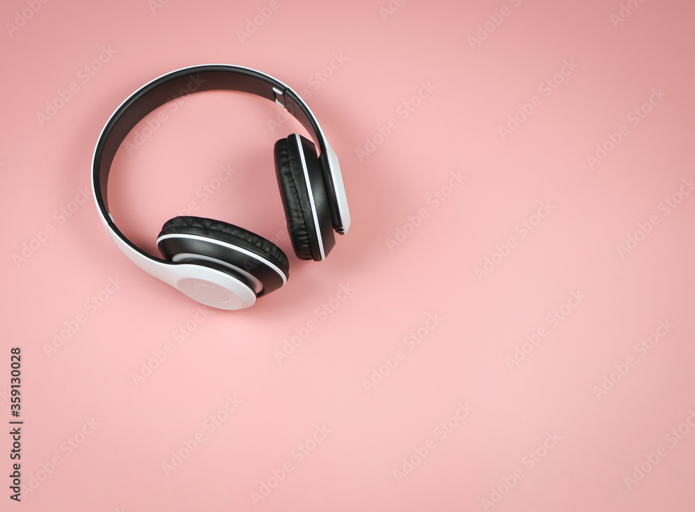 flat lay on pink background with copy space.Music concept. flat lay on pink background with copy space.Music concept.