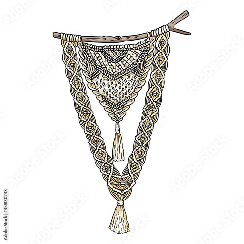 Macrame boho style wall hanger symbol. Textile knotting design element. Hand drawn modern tribal ethnic indigenous craft. Vector stock image isolated on white background