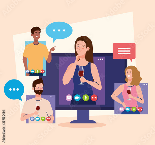 online party, meeting friends, people have online party together in quarantine, video conference, party web camera online holiday vector illustration design