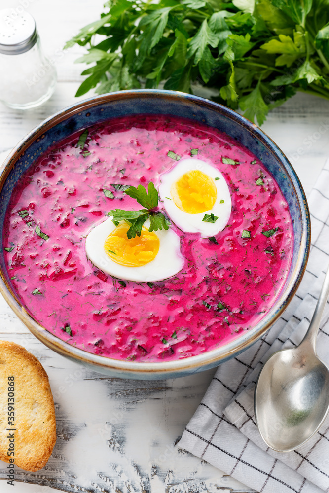 Summer Cold beetroot soup with fresh vegetables and boiled egg. Summer Cold beetroot soup with fresh vegetables and boiled egg.