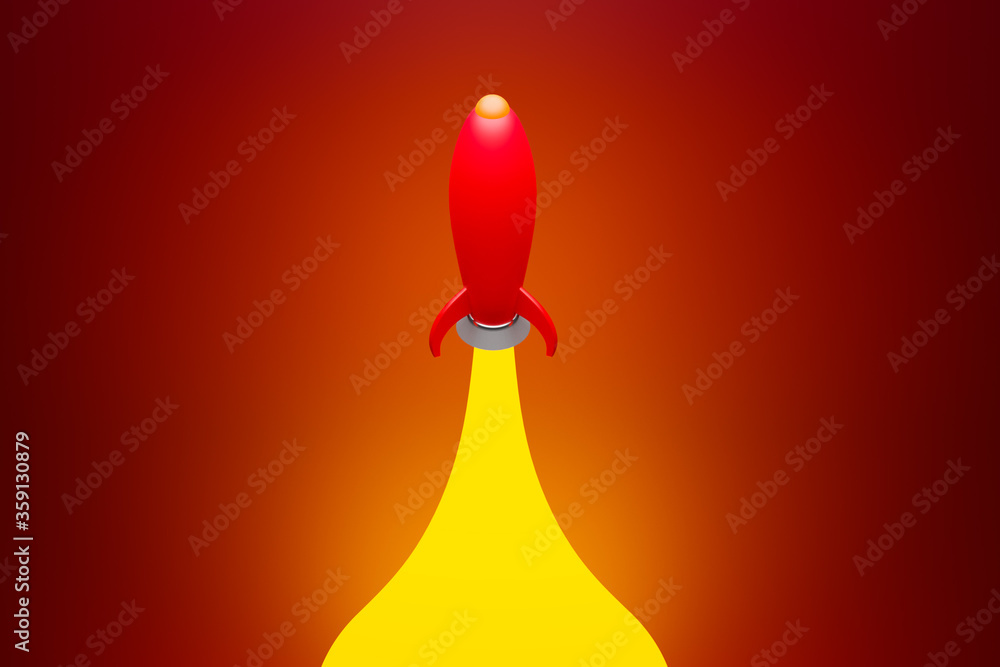 Obraz premium 3D illustration of a red cartoon-style rocket rushing into space, leaving a trail of yellow on a dark orange background. 
