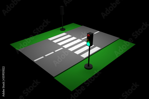 3d illustration of a small urban stretch of road with a motor road and markings, traffic light. Pedestrian crossing road markings, dashed line. Model for learning the rules of the road