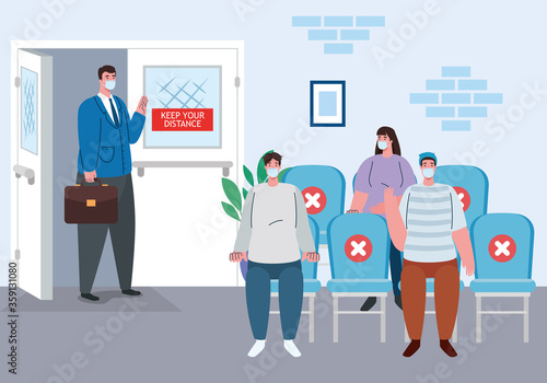 social distance in the waiting room, people wearing medical mask, prevention coronavirus covid 19 vector illustration design