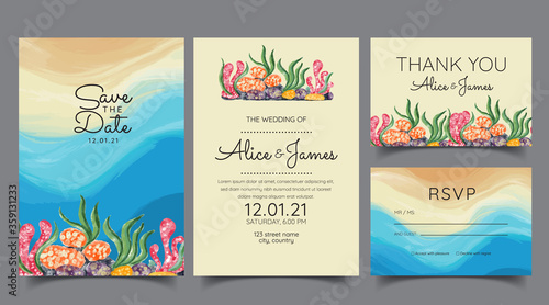 Fototapeta Naklejka Na Ścianę i Meble -  Wedding card sets, invitations. Save the date sea style design. Wash blue watercolor. Summer background. hand-drawn coral reefs.