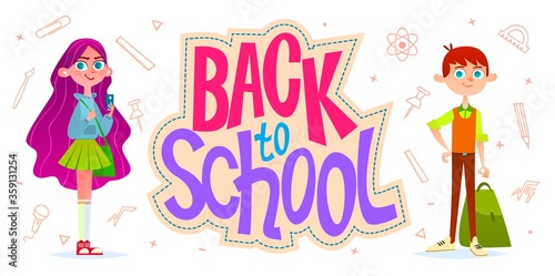 Back to school. Horizontal banner with text, pupils and icons. Cartoon style illustration.